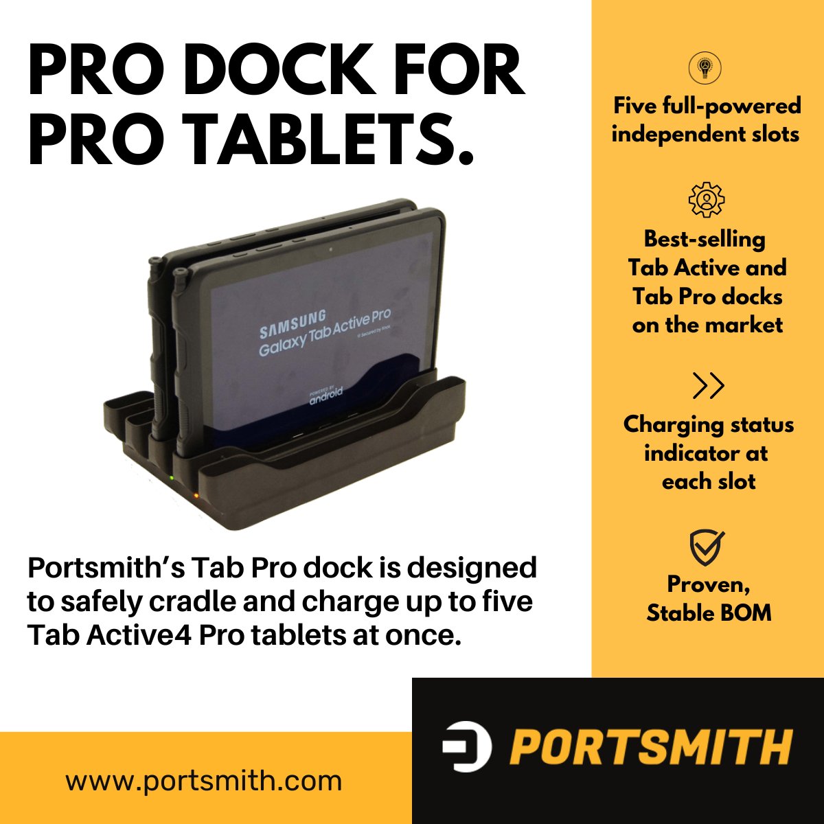 PortsmithTech's tweet image. ⚡Ruggedized tablets need charging docks that are made to last. This dock from Portsmith is designed for charging the Galaxy Tab Active family of tablets — and it&apos;s every bit as durable as the ruggedized @Samsung tablet. 

Learn more: portsmith.com/product/samsun…