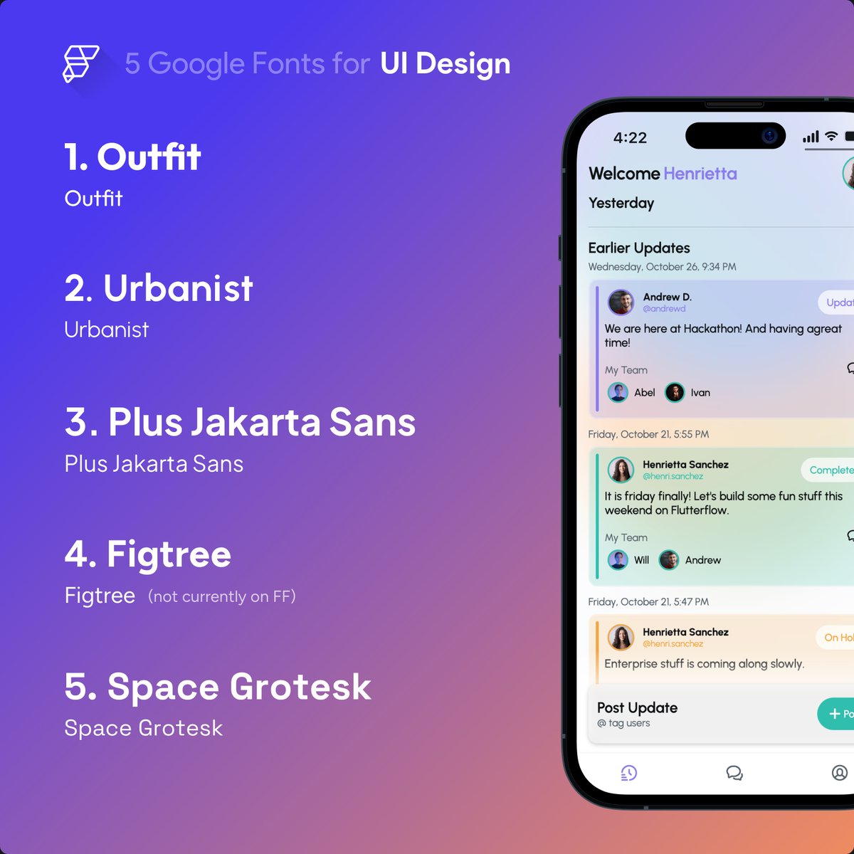 design_nocodeio's tweet image. For #FlutterFlowTurns2 birthday we are doing a design challenge, I've been wanting to post more design centric content to help our builders design more beautiful apps.
Here are 5 Google Fonts that you can use in your @FlutterDev / @flutterflow project.
#uidesign #google #fonts