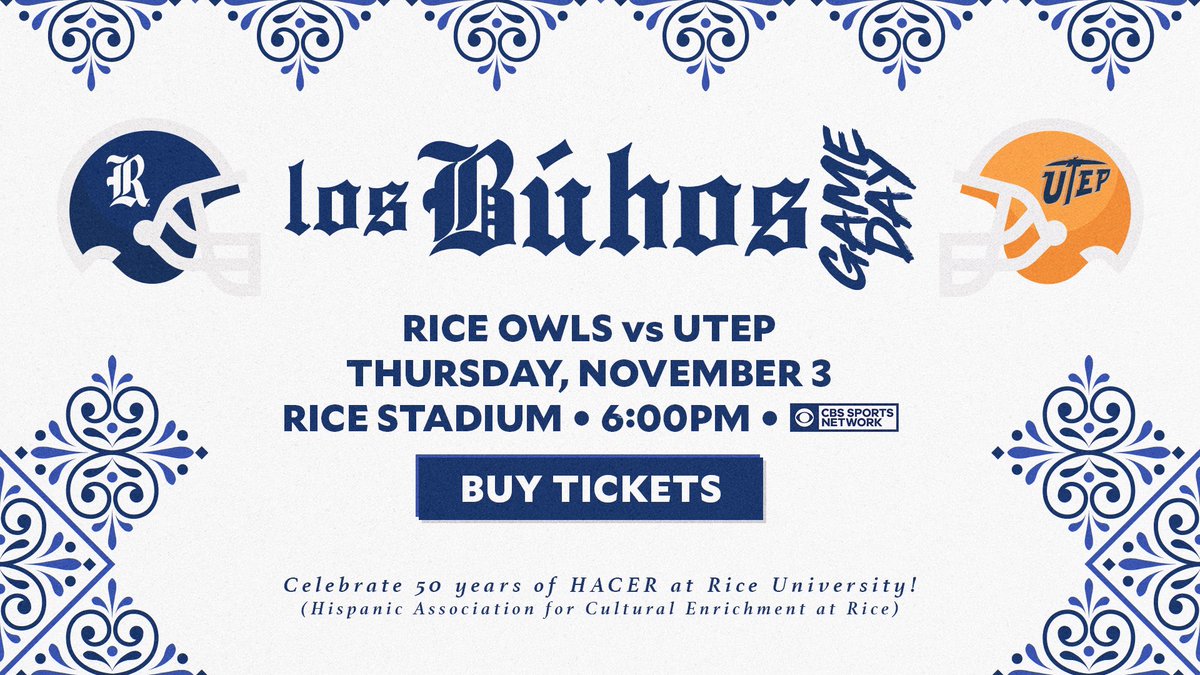 The @RiceFootball team will hold its annual Los Búhos Game Day (#GoOwls👐 Day) to celebrate & recognize the Greater Houston Latino Community & 50 years of @RiceUniversity’s Hispanic Association for Cultural Enrichment (HACER)!  HACER does important work.
