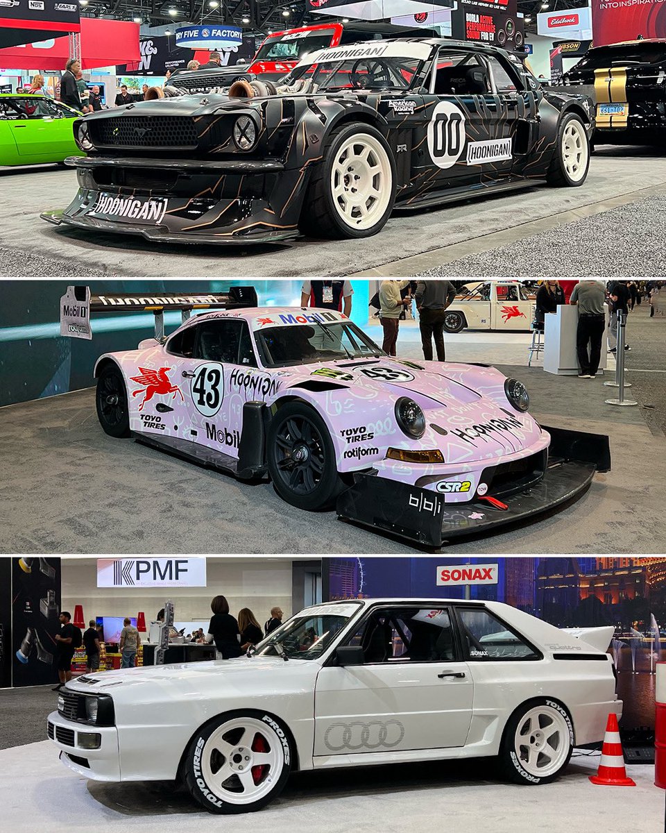 If you are at #SEMA2022 this week in Vegas, I have three wildly different cars on display: the #Hoonicorn is at @BorlaExhaust (booth 22765 in Central), the #Hoonipigasus is at @Mobil1Racing (booth 24143 in Central), and my Audi #SportQuattro at @SONAX_USA (booth 52185 in West)