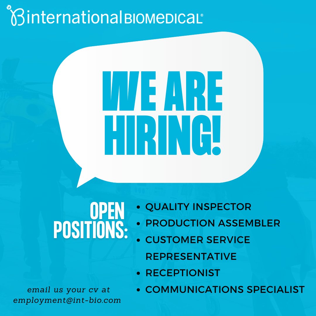 We are hiring for several open positions! Please email your cv or resume to employment@int-bio.com for consideration. 

- Quality Inspector 
- Production Assembler 
- Customer Service Representative 
- Receptionist 
- Communications Specialist