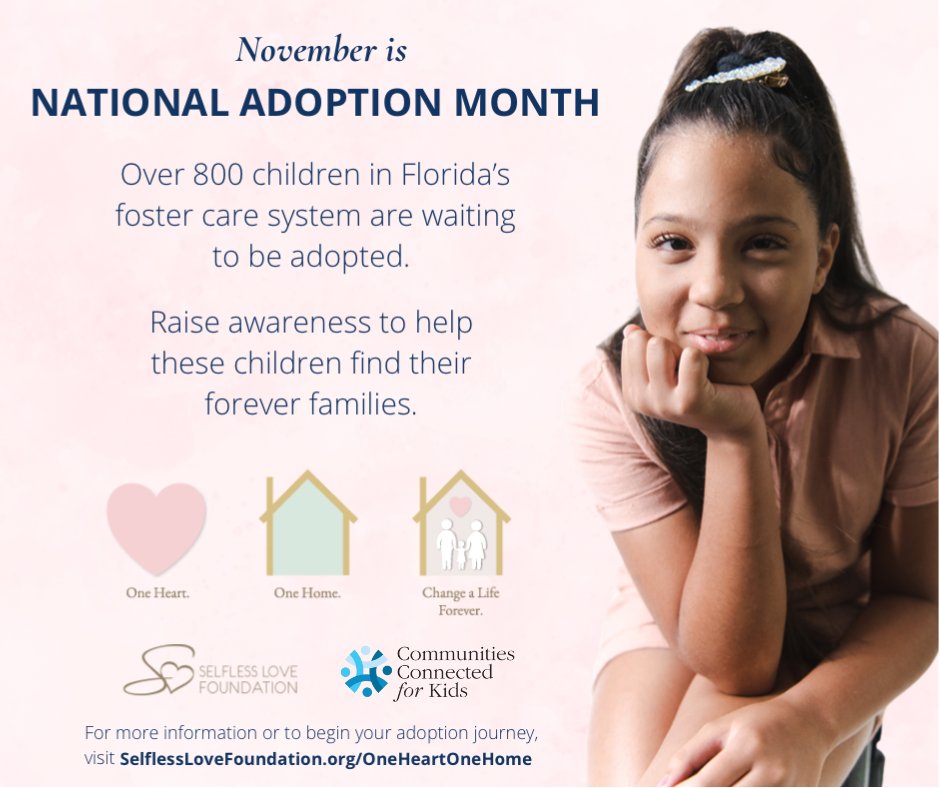 November is #NationalAdoptionMonth! There are hundreds of kids waiting in #fostercare for adoptive homes. Join us in the #OneHeartOneHome #ChangeALifeForever campaign. <a href="/selflesslovefdn/">Selfless Love FDN</a>