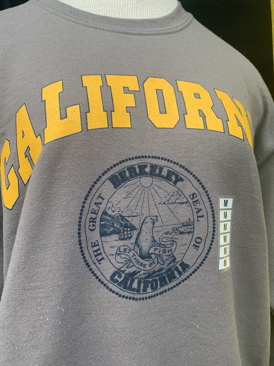 RigelRobinson's tweet photo. Absolutely in love with this entirely fictitious Great Seal of Berkeley, found on a sweater at Bear Basics. I move that we use this to replace the actual seal of the city, which is somehow worse 🦭🦭 https://t.co/6CwBwI11lN