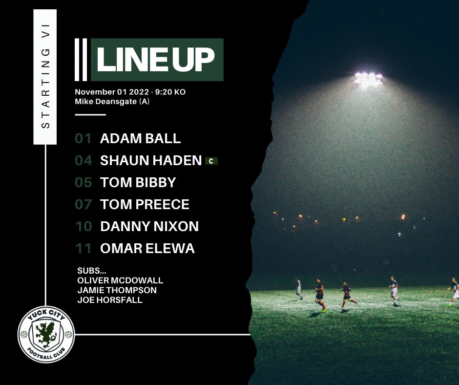 YuckCityFC's tweet photo. 🟩 Team News 🟩

A return to the side for The Barovian Bastard Tom Bibby tonight. Defensive ever-present Oliver McDowall drops to the bench alongside our headband-wearing, VO5 sponsored luxury midfielder Jamie Thompson. #BleedGreen

🆚 Mike Deansgate
📍 Platt Lane
⏱ 9:20 PM https://t.co/NDcFSNrdTS