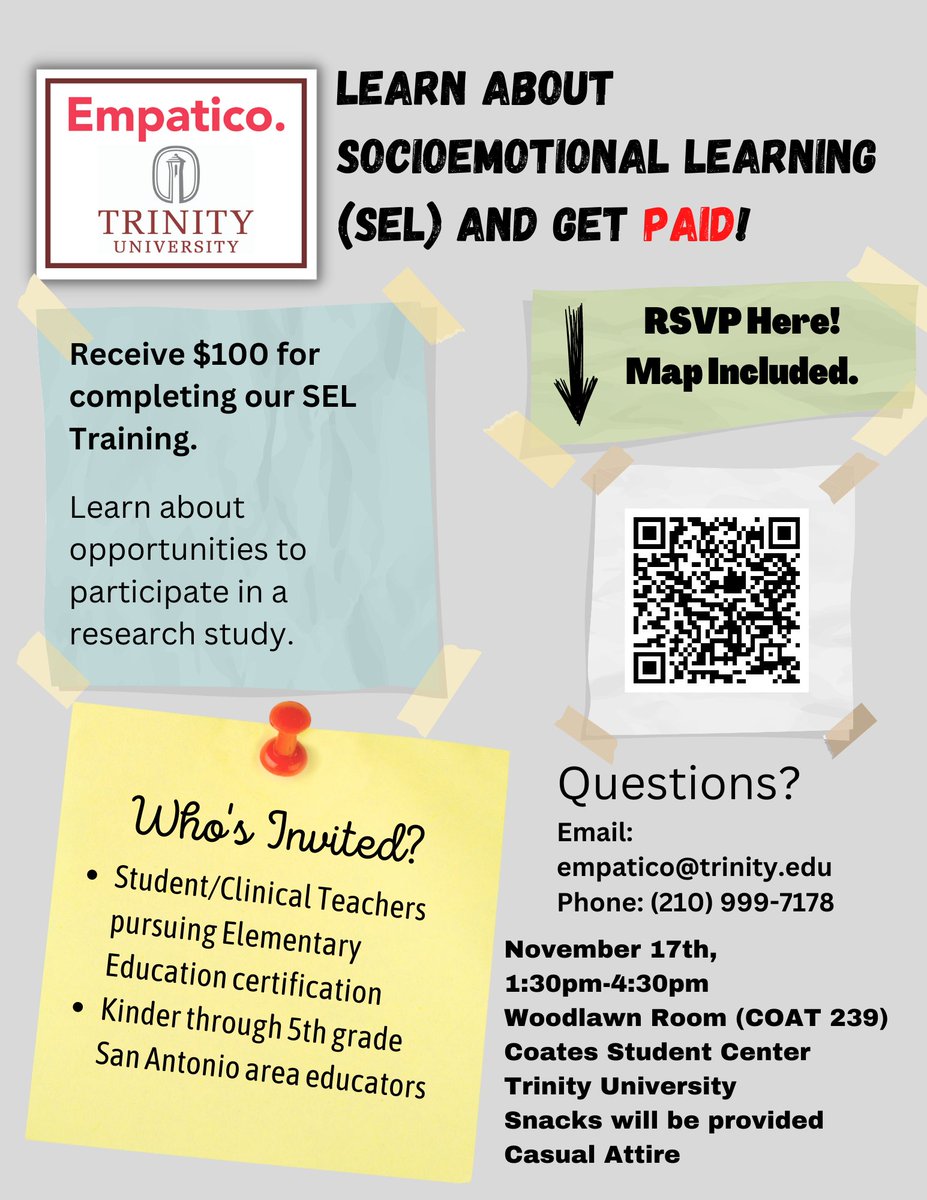 Trinity University's Education Department is hosting a training session to teach local student teachers and elementary educators about the Socioemotional Learning skills and practices that <a href="/EmpaticoOrg/">Empatico</a> has to offer. #empathy #teachersoftwitter