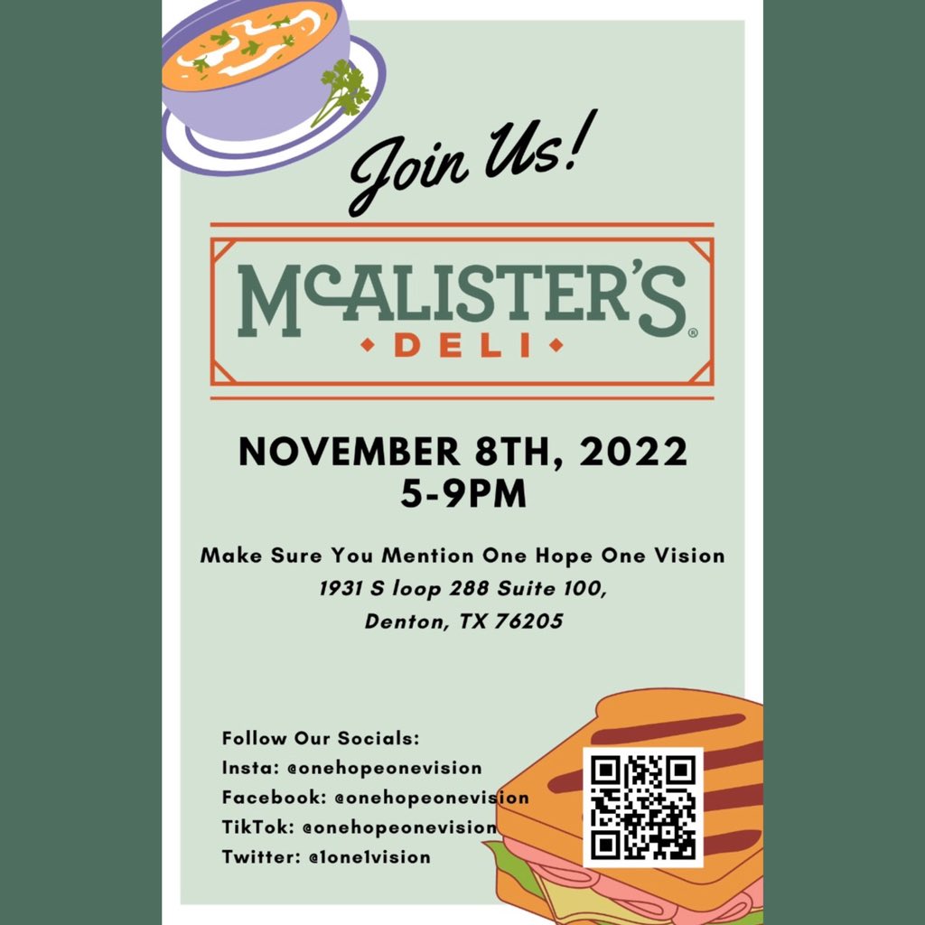 1Hope1Vision's tweet photo. Happy November everyone! One Hope One Vision will be having another fundraiser to help support GWSS. This time at McAlister’s Deli! This fundraiser will be held on November 8th from 5-9pm. Please make sure to mention One Hope One Vision! See you there 💚 https://t.co/IjNexjCLep
