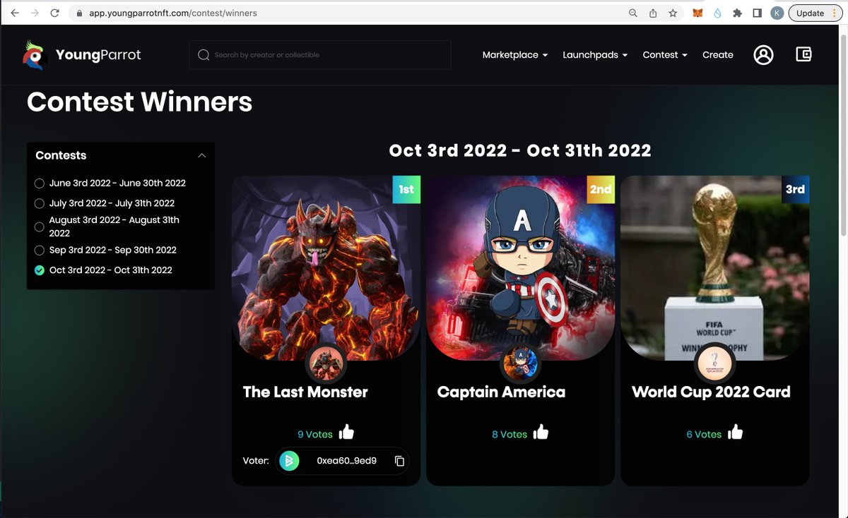 youngparrotnft's tweet image. Congratulations 3 winners and lucky voter of our October NFT contest 🥰

All the rewards will send out on the next day 🔥

Our November NFT contest will start on 3rd, please participate at app.youngparrotnft.com/contest/view

@TheBinanceNFT @bitgertarmy @Brise_NFT @Brisecommunity @bitgertPro