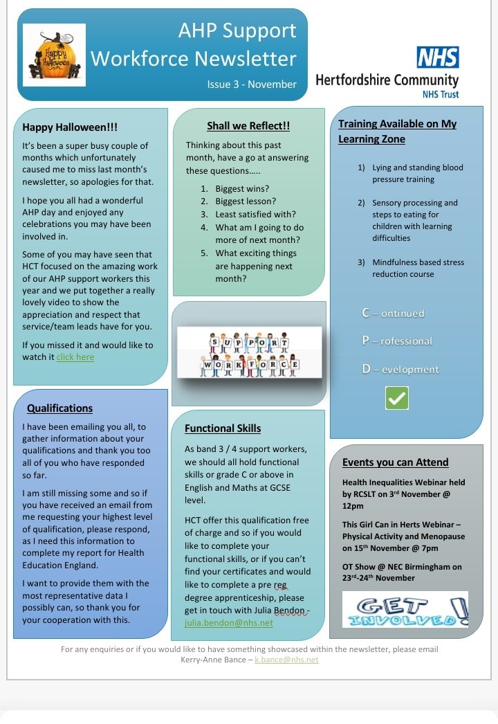 November newsletter heading out to all the AHP support workers within @HCTNHS 
Hopefully a way to highlight opportunities/training available to them, plus some food for thought. #ahpsupportworkers #newsletter #training #reflectivepractice #ahpseverywhere