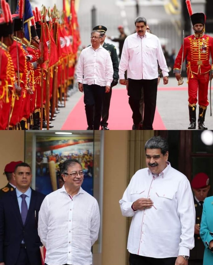 BARRIOTIERRAPRO's tweet photo. #Colombia y #Venezuela al fin juntas

🇨🇴🇻🇪 El presidente de Venezuela, Nicolás Maduro, recibe a su homólogo colombiano, Gustavo Petro, en el Palacio de Miraflores, Caracas.

¿Que pasó con Juan Guaidó? 😂 https://t.co/9K7KhLO5ZJ
