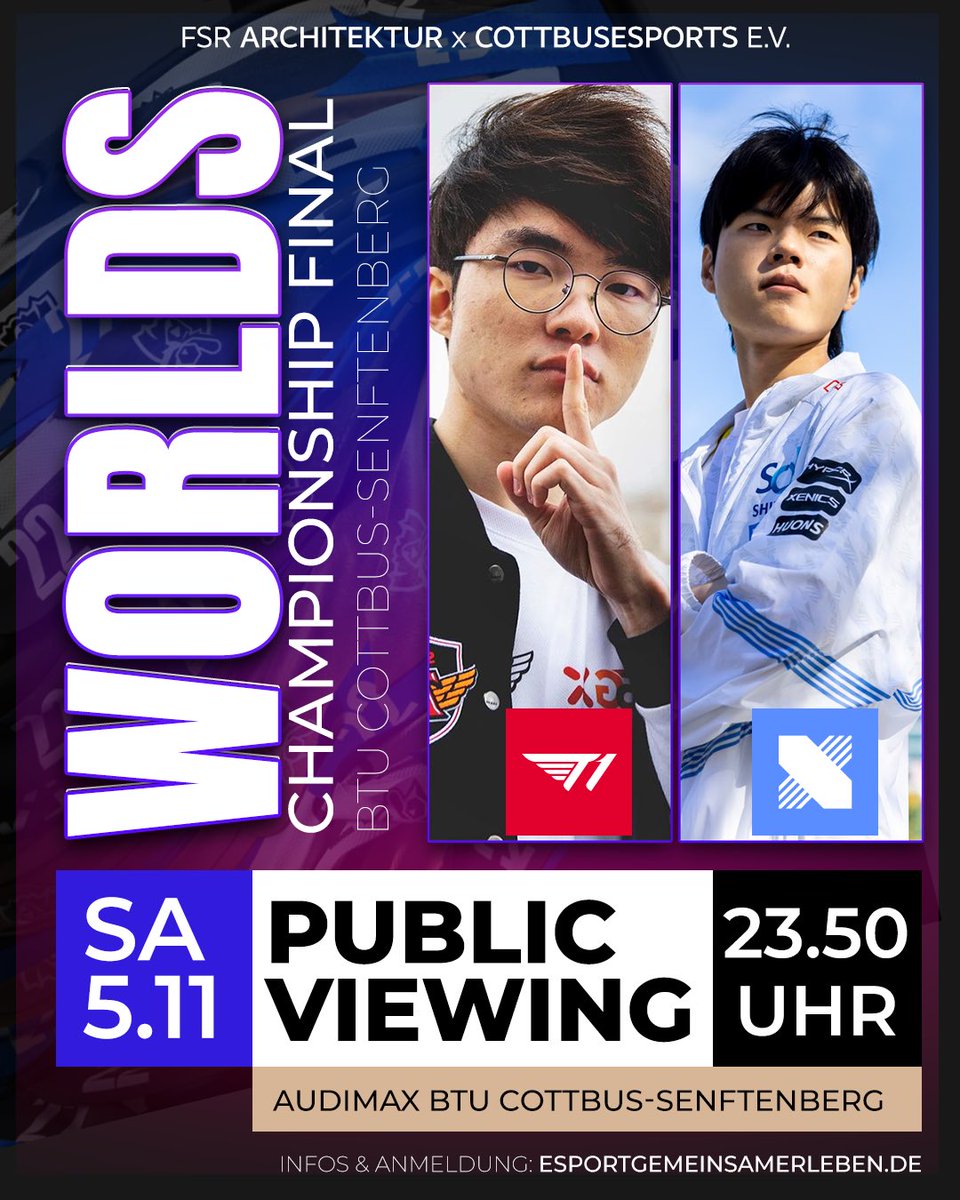 Samstag E-Sport gemeinsam erleben in Cottbus auf der Großbildleinwand im Audimax der BTU Cottbus-Senftenberg. Eintritt ab 23:50 Uhr - Infos und Anmeldung auf esportgemeinsamerleben.de #Worlds2022 #cottbus