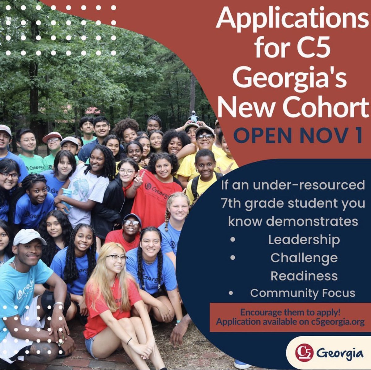 Encourage a 7th grader to apply to the C5 Georgia Youth Leadership Program and grow their leadership skills, join college and career exploration, unforgettable summer experiences and more. Get started today by clicking on the link on our bio to head to our website.