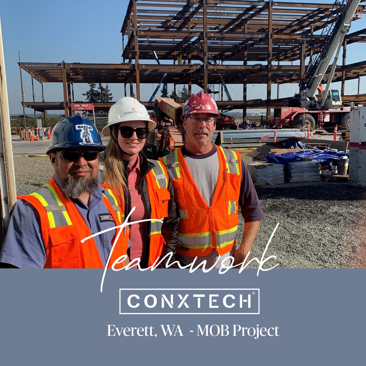 Seeing is truly believing. If you haven't seen our ConXtech iron workers in action, you're missing out. Onsite at our active MOB project in Everett, WA. Super proud to snag a photo with these amazingly talented Superintendents Kenny Peterson and Miguel Robledo. #truetalent