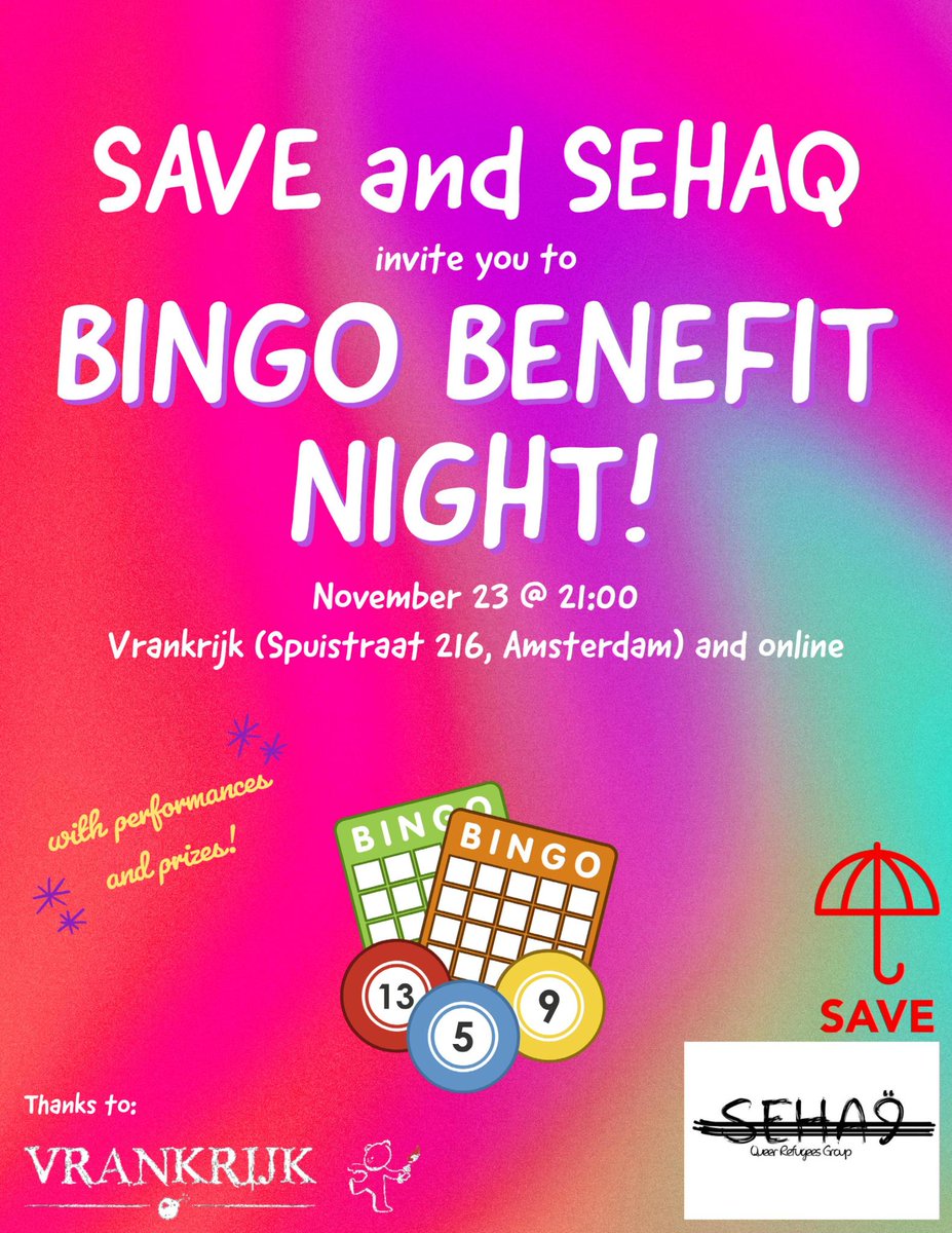 Save the date and get your tickets for another SAVE BINGO BENEFIT on November 23! 🎉 All proceeds go to SEHAQ, a group for queer and trans refugees in NL ✨ Sex workers and queer refugees play for free 💞 shop.ikbenaanwezig.nl/tickets/event/…