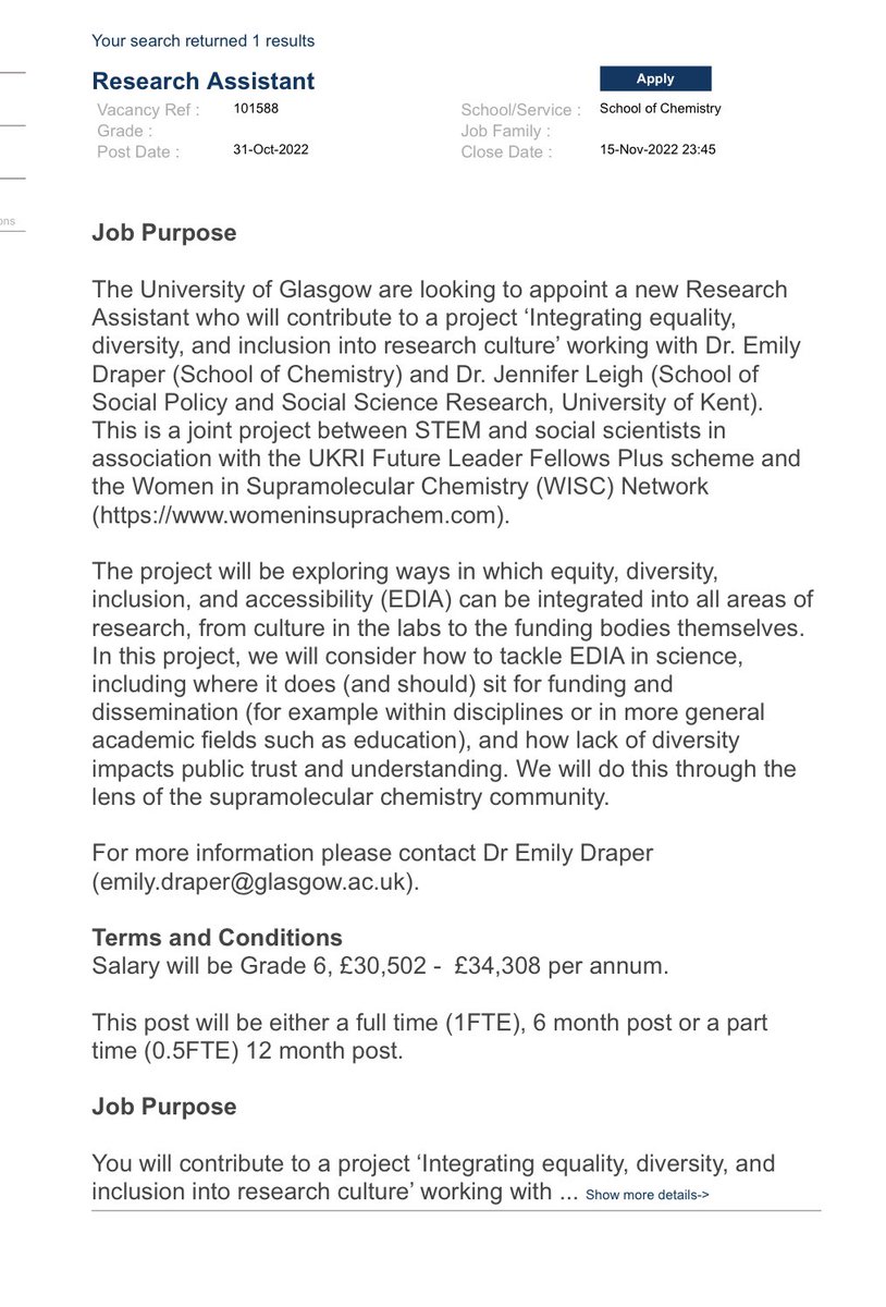 Myself and <a href="/DrSchniff/">Dr Jennifer Leigh</a> are looking for a research assistant to work with us. We are researching how EDIA can be integrated within research culture. Job vacancy number 101588 on gla.ac.uk (I can’t link the job advert properly…). Please get in touch for more info!