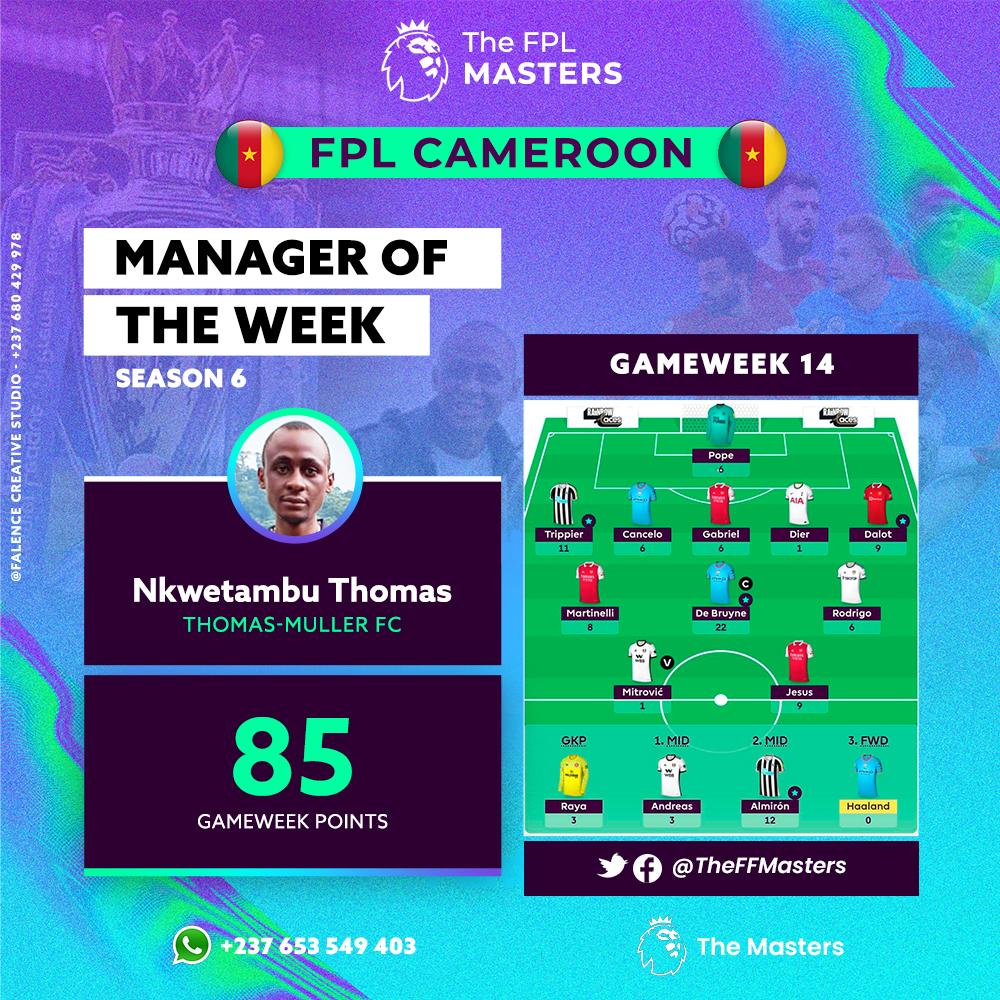 TheFFMasters's tweet photo. Manager of The Week - MOTW 🏆
Season 6

Congratulations to Nkwetambu Thomas, manager of Thomas-Muller FC  for winning our Manager of the Week (MOTW) award for Gameweek 14 with 85 points.

Congratulations once more!
#TheFFMasters
#FPLCommunity https://t.co/Is7mk4ros3