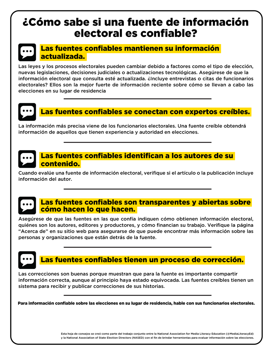 Flyer with the title "¿Cómo sabe si una fuente de información electoral es confiable?" This image is text-heavy. For a downloadable version that can be read by a screen reader, please visit the Trusted Info 2022 section of ocfelections.gov/2022general.