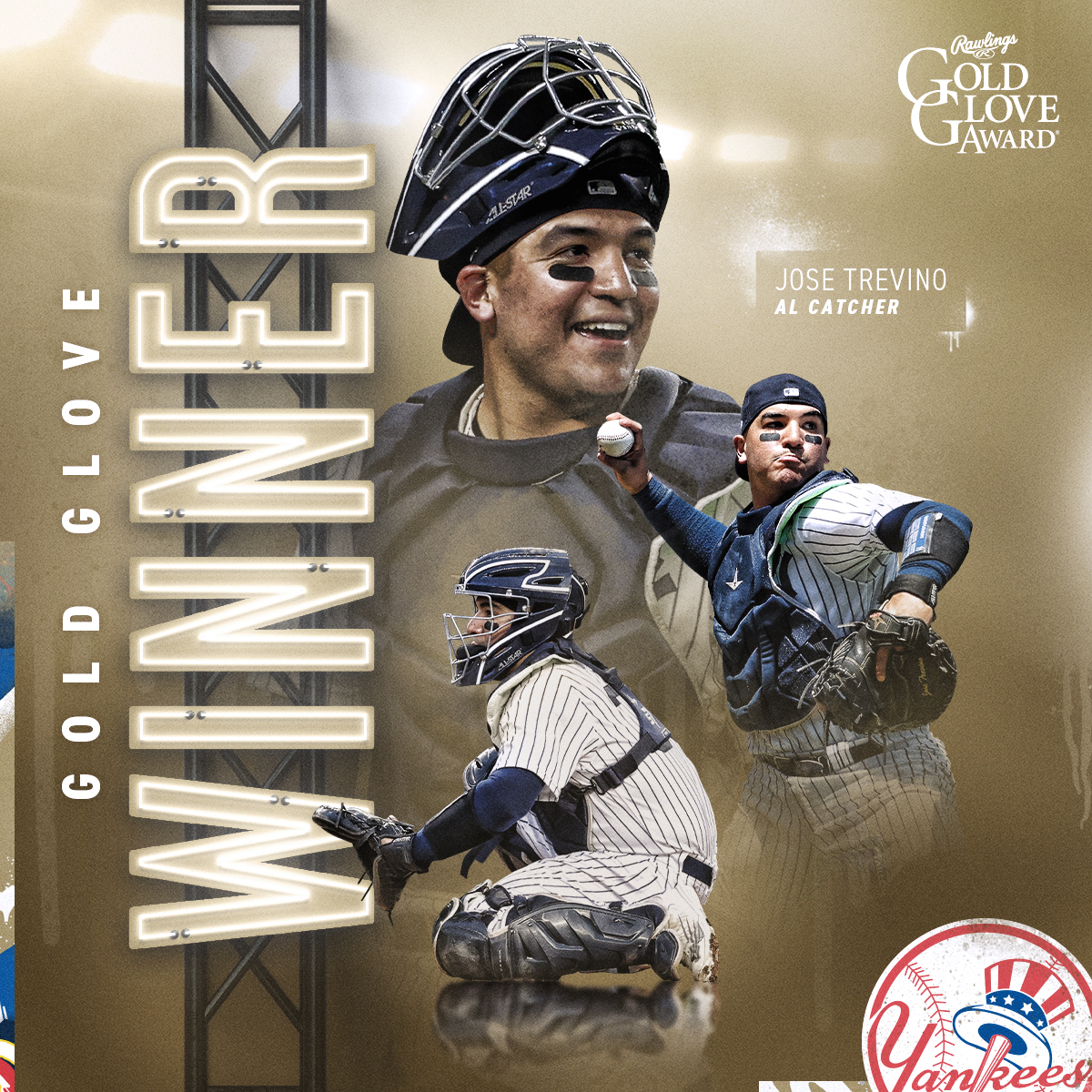 Yankees's tweet photo. Our anchor behind the plate 💪

Congrats on your 1st @RawlingsSports Gold Glove, @HipHipJose5! 👏 https://t.co/zz0QeQHGRv