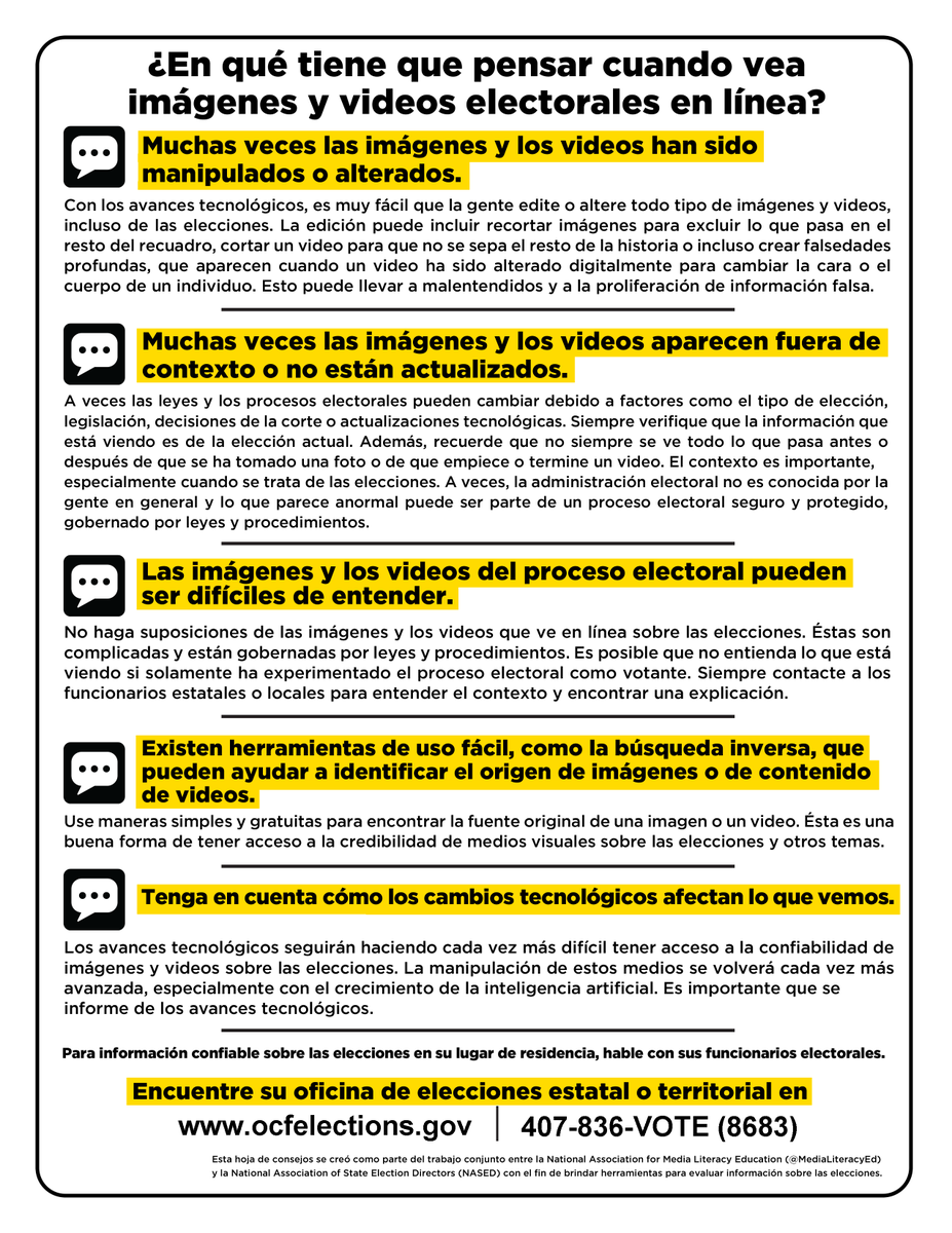 Flyer with the title "¿En qué tiene que pensar cuando vea imágenes y videos electorales en línea?" This image is text-heavy. For a downloadable version that can be read by a screen reader, please visit the Trusted Info 2022 section of ocfelections.gov/2022general.