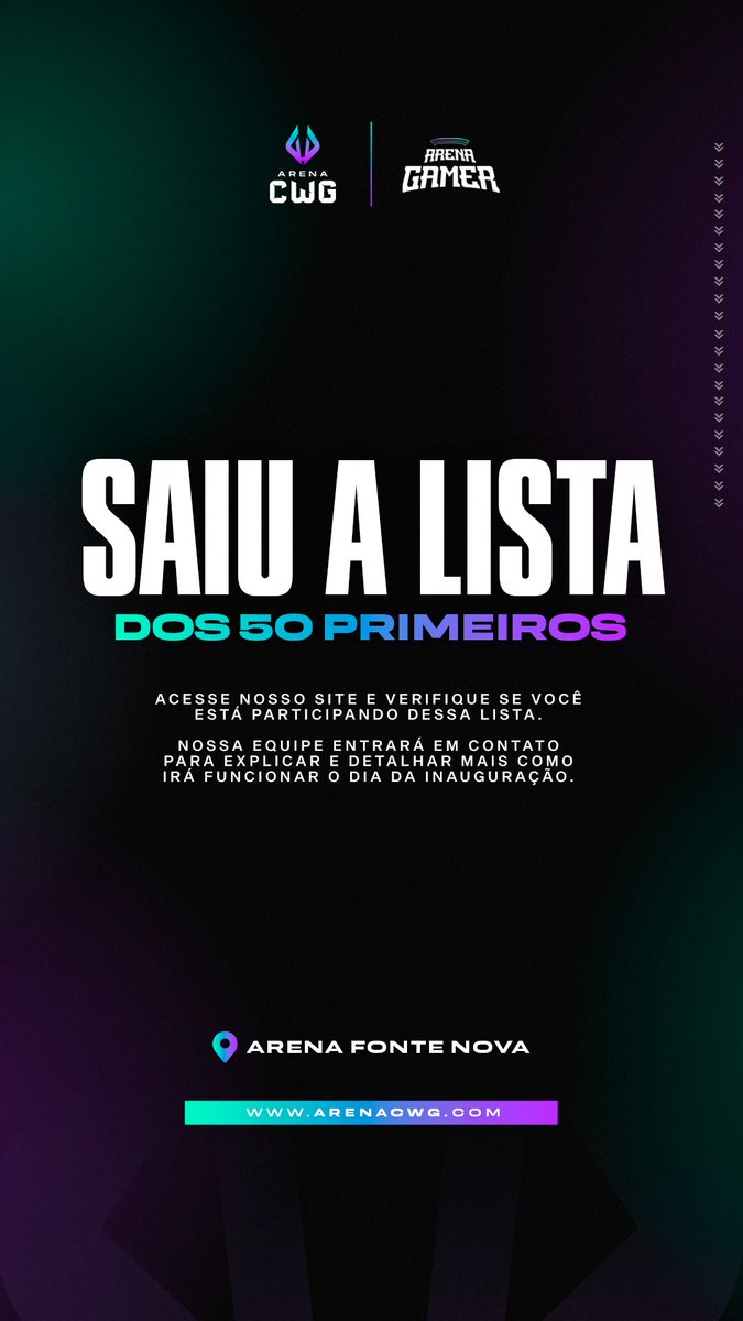 Acabou de sair a lista dos 50 selecionados que vão ter a oportunidade de colar com a gente na inauguração da Arena Gamer! 

O evento de inauguração irá acontecer no dia 04/11 não perde tempo, corre lá no site (arenacwg.com/selecionados) e confere se seu nome está na lista 🥰