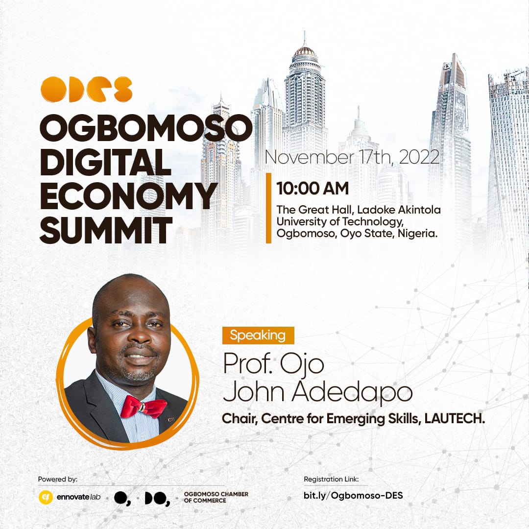 dapoojojohn's tweet photo. I will be discussing the vision and plans of @cestlautech to transform #Ogbomoso to a #DigitalEconomy hub at #ODES 2022. Join me and other highly cerebral discussants at the Great Hall @lautechofficial or online.@sipicgroup, @TellismaConsult https://t.co/XsMptfTlEM