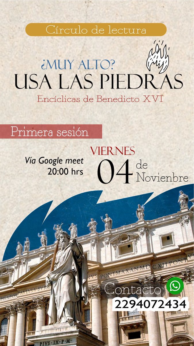 ¡Que tal! Abriré un círculo de lectura de ENCÍCLICAS PAPALES. Si te interesa mándame mensajito 🔥.