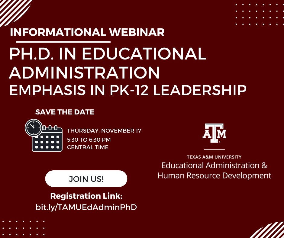 Interested in a Doctorate in Educational Administration with an emphasis in K-12 Educational Leadership?
Register at bit.ly/TAMUEdAdminPhD for our next informational webinar on 11/17 at 5:30pm 
Zoom details ⬇️
tamu.zoom.us/j/98097106054?…