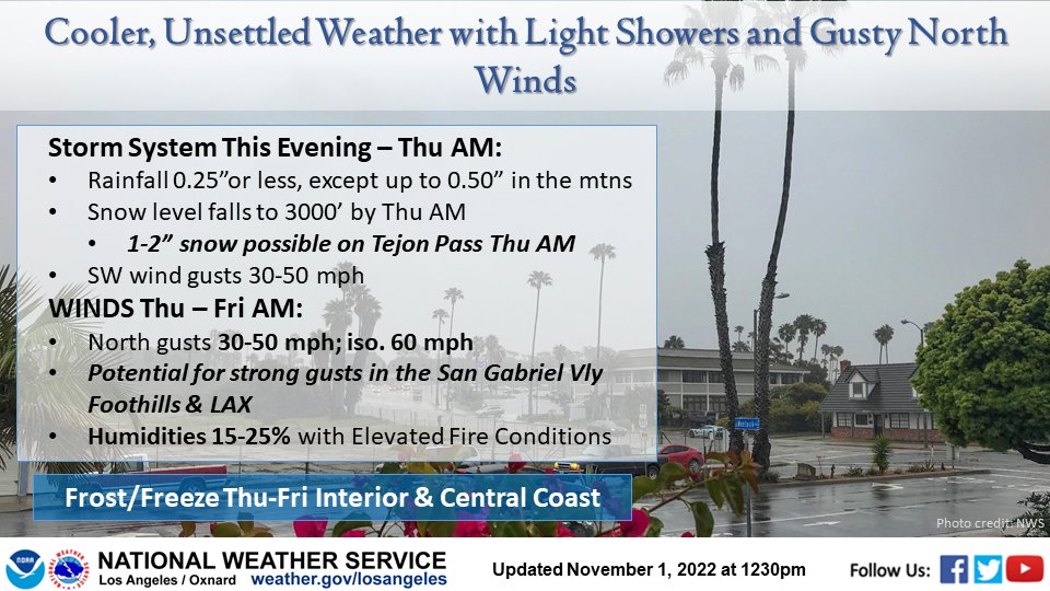 Storm System: It begins with a cold front sweeping through the area from the NW, so expecting things to start this evening for the central coast, reaching LA Co overnight. Expecting lingering showers Wed-Thu, and snow for the Tejon Pass Wed night. #socal #carain #casnow #SLOwx