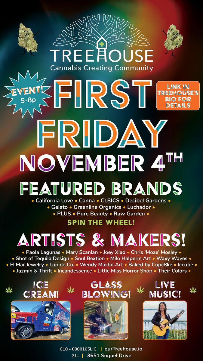 Treehouse_SC's tweet image. 😊 We're  stoked because this Friday we will be hosting  local artists, cannabis brands, LIVE HENNA, &amp;amp; music by Sarah Songbird! There will even be an ice cream truck for your munchie needs!! 🍦 

🌟 Come to treehouse to celebrate our wonderful Santa Cruz community! 🫂 🌊