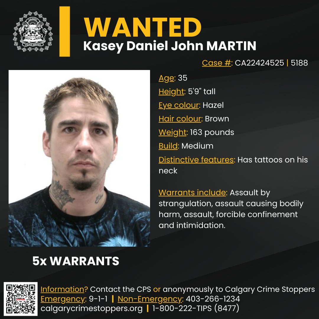 We are looking for the public’s help to locate Kasey Daniel John MARTIN who is wanted on warrants for assault-related offences. Information about their whereabouts? Contact the CPS or anonymously to @StopCrimeYYC 📞 CPS: 403-266-1234 Case #: CA22424525 | 5188
