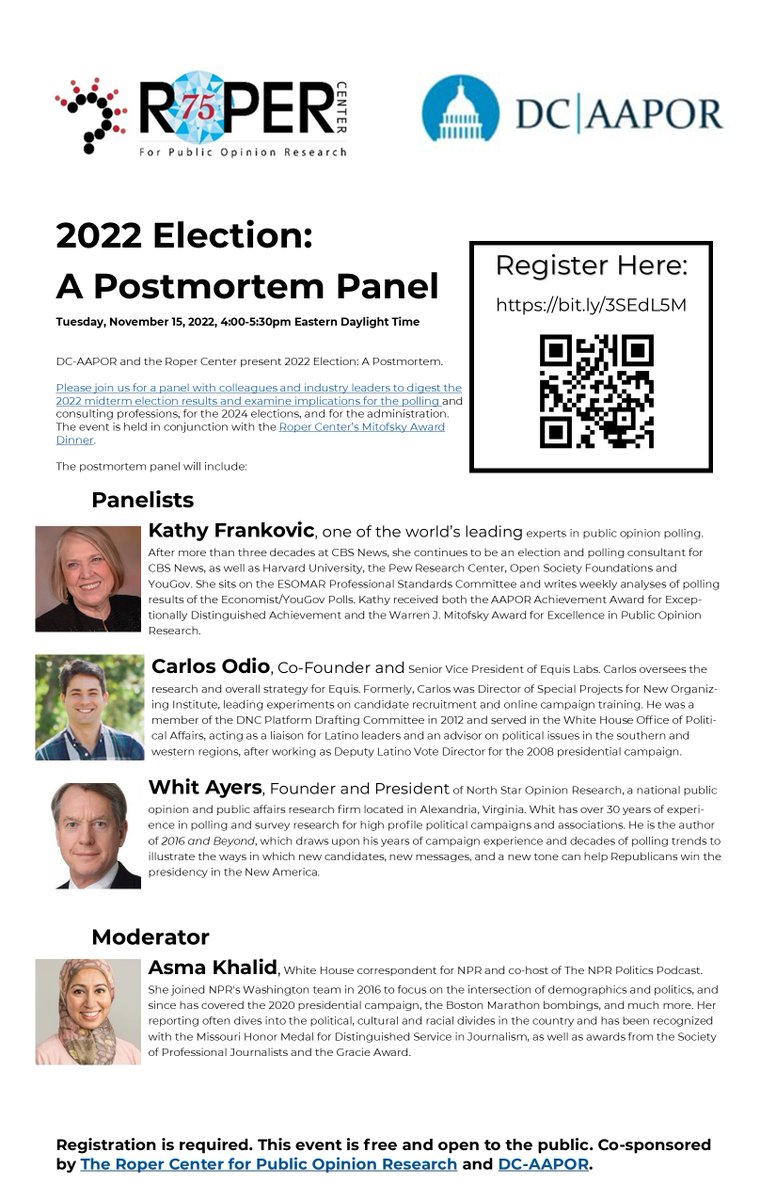 Please join @dcaapor and @RoperCenter on Tue., Nov. 15th, 4-5:30 p.m. as we present a panel event: “2022 Election: A Postmortem,” with colleagues and industry leaders to examine results and implications. bit.ly/3N4rLoq