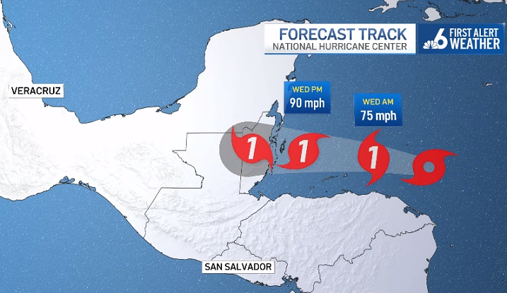 With NHC now forecasting a high-end Category 1 #HurricaneLisa before landfall in #Belize, the forecast for storm surge has increased to as high as 7-feet. Ten inches of rain could accumulate. #Lisa's eye is forecast to arrive tomorrow afternoon and evening