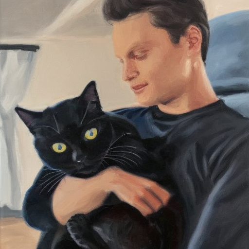Really blown away by @huggingface's implementation of #dreambooth: here's 'a photo of [myself] playing with a black cat, high resolution, oil painting' (just used 20 pics of myself to train the embedding) This tech is crazy! => check the script here: github.com/huggingface/di…