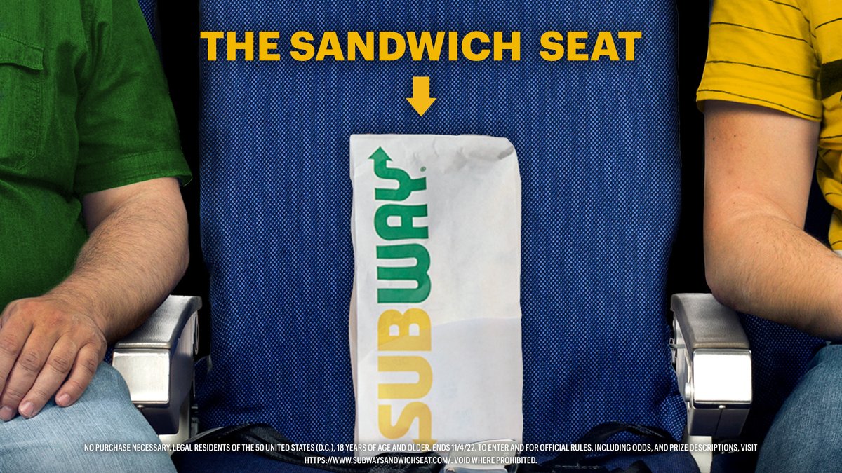 Check into your flight, and check this out. Middle seaters get a chance at a free Subway® Series sandwich for #NationalSandwichDay on 11/3. 🛫 subwaysandwichseat.com