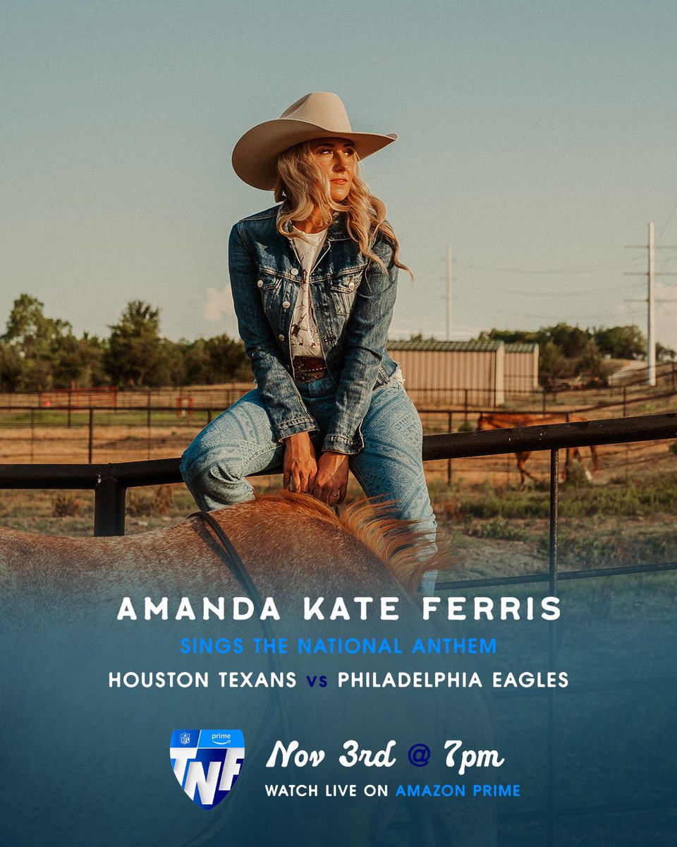 Amanda Kate Ferris (@iamamandakate) on Twitter photo So excited to share I'll be singing the National Anthem for the <a href="/HoustonTexans/">Houston Texans</a> game on Thursday, 11/3! And y'all can stream the game on <a href="/NFLonPrime/">NFL on Prime Video</a>! <a href="/NFL/">NFL</a> #ThursdayNightFootball So excited to share I'll be singing the National Anthem for the <a href="/HoustonTexans/">Houston Texans</a> game on Thursday, 11/3! And y'all can stream the game on <a href="/NFLonPrime/">NFL on Prime Video</a>! <a href="/NFL/">NFL</a> #ThursdayNightFootball