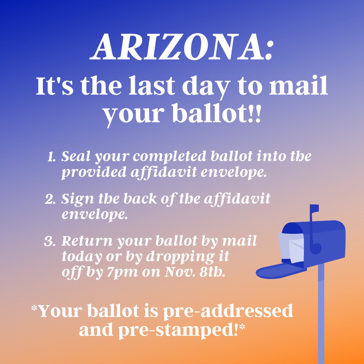 Kirsten Engel (@engelforarizona) on Twitter photo Reminder: today is the last day to mail back your ballot!🗳 
After today, you can still drop it off at an early vote center. Find yours here: iwillvote.com/locate/?state=… Reminder: today is the last day to mail back your ballot!🗳 
After today, you can still drop it off at an early vote center. Find yours here: iwillvote.com/locate/?state=…