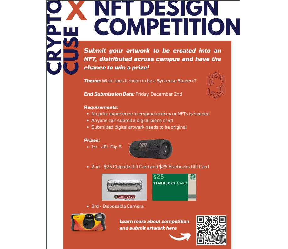 cuseblockchain's tweet image. ATTENTION: We are launching an NFT Design Competition🎉. Submit artwork to have a chance to win a prize and have your artwork minted as an NFT. Submission deadline of December 2nd. Learn more here: cryptocuse.com/nft-design-com…