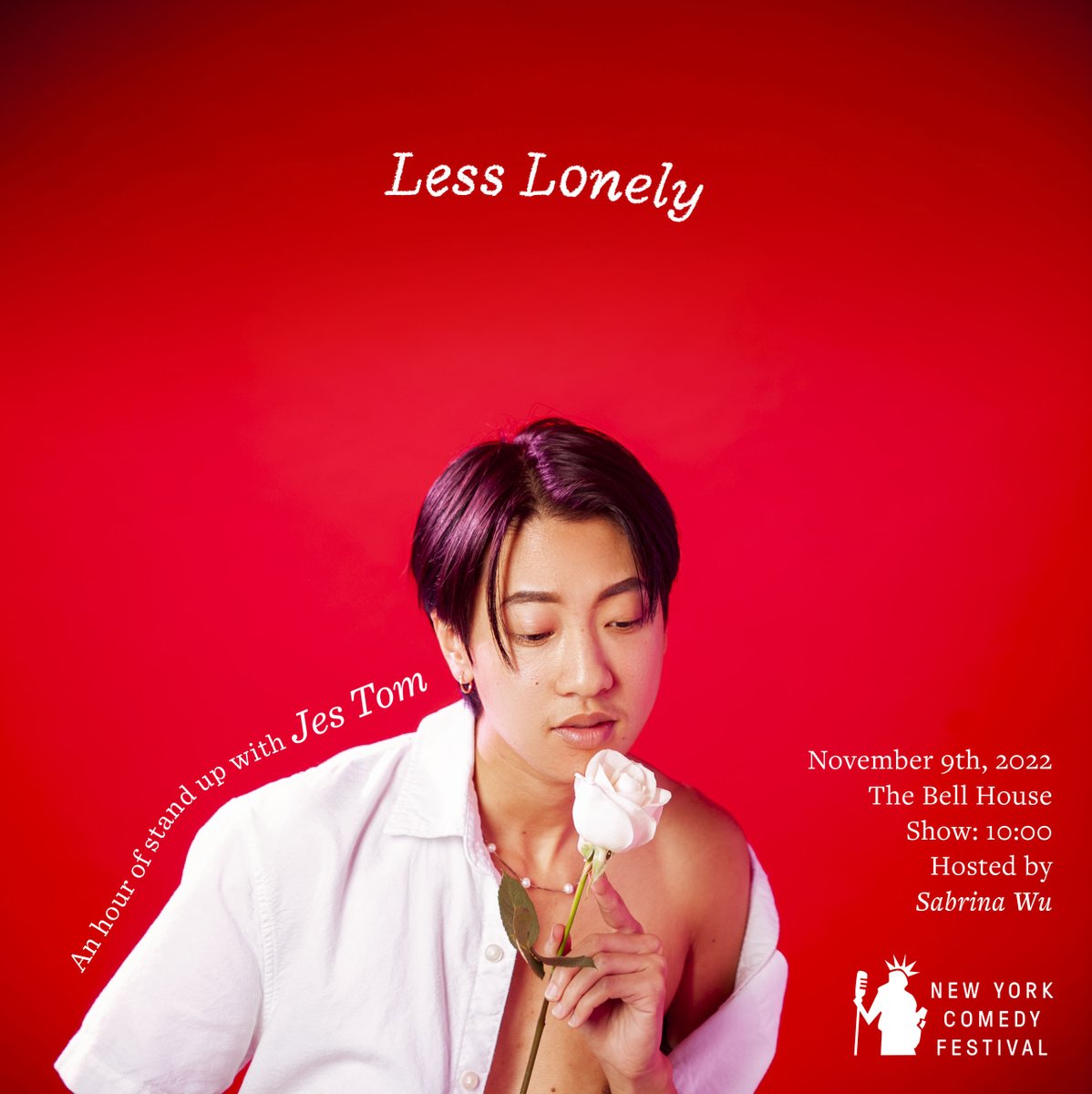 One week from tonight, @nycomedyfest presents @jestom: Less Lonely! Hosted by @asabrinawu, Jes Tom presents an hour of standup on sex in the face of death, gender transition on the brink of oblivion & the search for love at the end of the world🔥 🎟: bit.ly/3SVfEes