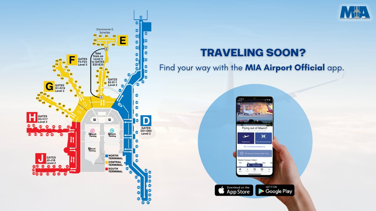 iflymia's tweet photo. Traveling ✈️ soon? Find your way with ease by using our MIA Airport Official App. It has an interactive map 🗺️ with walk times and much more. #TravelTuesday #MIATravelTip

📲 #MIAapp: https://t.co/tCVOiMRYoe https://t.co/9z3ej5zQfk