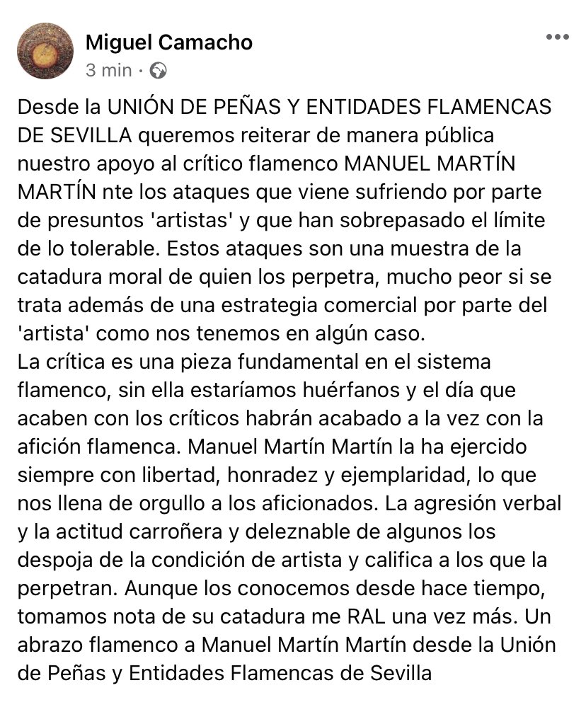 LaAzagaya's tweet photo. La Federación de Peñas Flamencas de Jaén se suma a la Federación de Peñas de Jerez y a la Unión de Peñas de Sevilla para mostrar su repulsa por los ataques de Arcángel y Niño de Elche. https://t.co/x0rtmpJNGz