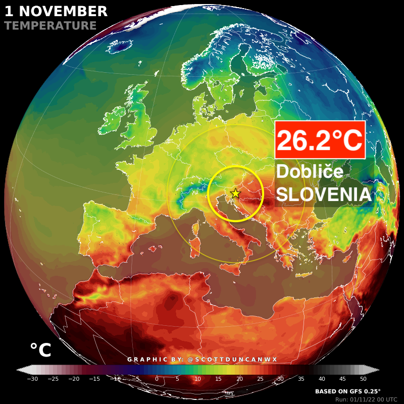 ScottDuncanWX's tweet photo. 26.2°C in Slovenia 🇸🇮 today. It is November.

This is the warmest November day ever recorded in Slovenia. https://t.co/rf7TECvXNT