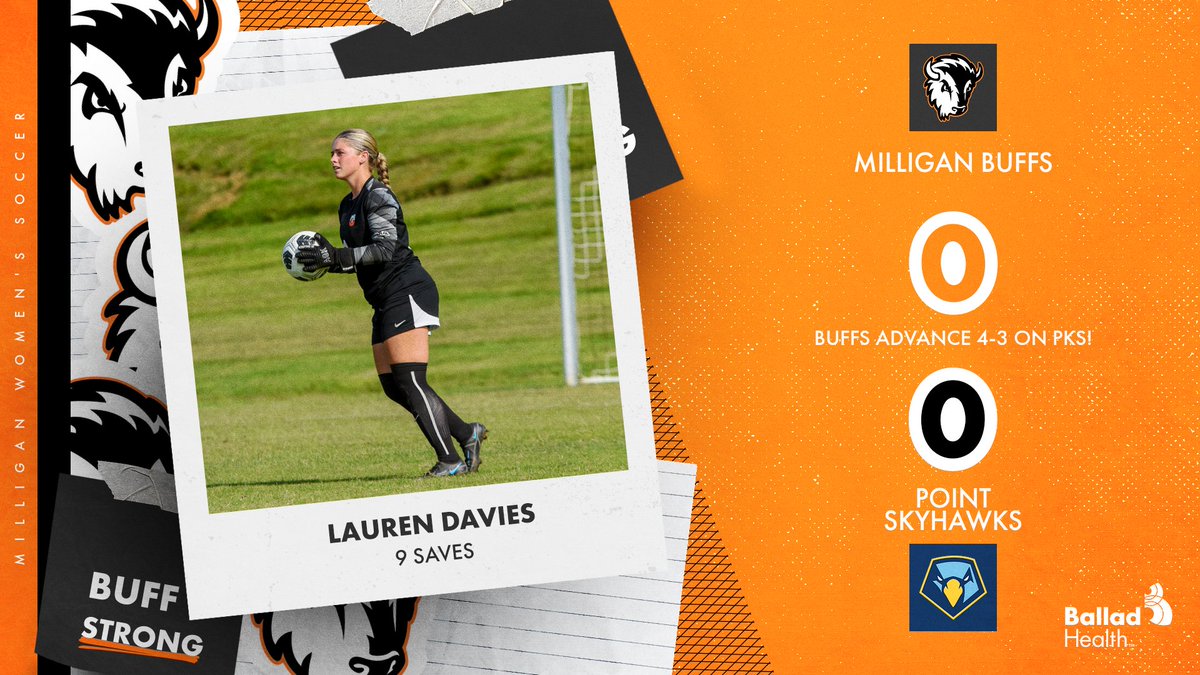 Milligan University Athletics (@milliganbuffs) on Twitter photo ⚽Buffs ADVANCE!!!!
Women's Soccer moves past Point and into the <a href="/AACsports/">AAC Sports</a> quarterfinals by virtue of penalty kicks (4-3)! #BuffStrong🦬 <a href="/BalladHealth/">Ballad Health</a>
Lauren Davies made nine saves in the 110 minute shutout and stopped two Skyhawk PKs!
📝ow.ly/V4b350Lrq7B ⚽Buffs ADVANCE!!!!
Women's Soccer moves past Point and into the <a href="/AACsports/">AAC Sports</a> quarterfinals by virtue of penalty kicks (4-3)! #BuffStrong🦬 <a href="/BalladHealth/">Ballad Health</a>
Lauren Davies made nine saves in the 110 minute shutout and stopped two Skyhawk PKs!
📝ow.ly/V4b350Lrq7B