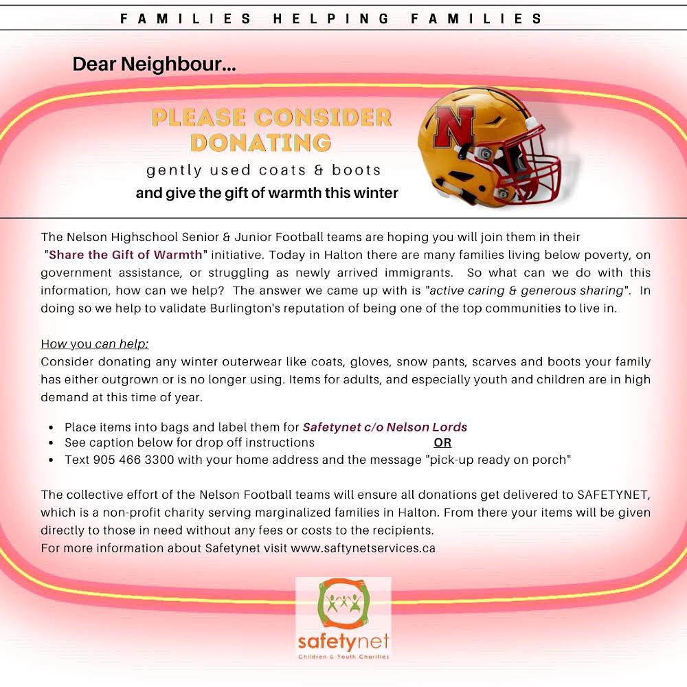 Nelson Lords Football (@nelsonlordsftbl) on Twitter photo Help the Lords in supporting <a href="/safetynetchar/">Safetynet Oakville</a> and their mission to provide warmth to those in need this winter ☃️. Both our JR and SR teams will be handing out flyers & collecting gently used coats and boots from our community to be given to families in need.🧣🧤🧥🥾❤️💛 Help the Lords in supporting <a href="/safetynetchar/">Safetynet Oakville</a> and their mission to provide warmth to those in need this winter ☃️. Both our JR and SR teams will be handing out flyers & collecting gently used coats and boots from our community to be given to families in need.🧣🧤🧥🥾❤️💛