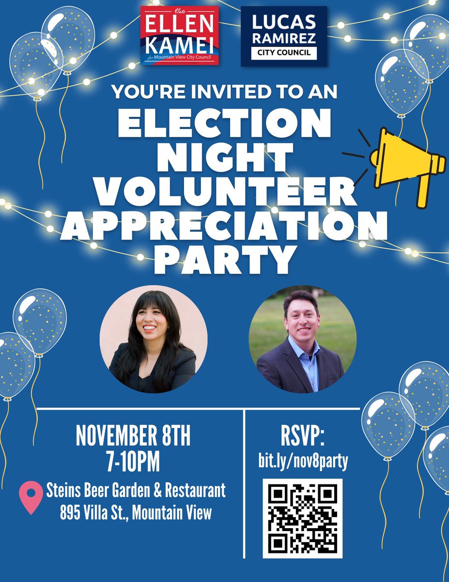 Ellen Kamei (@mtnviewellen) on Twitter photo *Save-the-Date* Mayor <a href="/LucasRamirezMV/">Lucas Ramirez</a> and I are grateful for all your support! Please join us for an Election Night Appreciation Party, Thursday, November 8, 2022 from 7- 10 PM.
RSVP at: bit.ly/nov8party
Please note <a href="/sccvote/">SCC Registrar of Voters</a> Election Night Results begin at 8 PM. *Save-the-Date* Mayor <a href="/LucasRamirezMV/">Lucas Ramirez</a> and I are grateful for all your support! Please join us for an Election Night Appreciation Party, Thursday, November 8, 2022 from 7- 10 PM.
RSVP at: bit.ly/nov8party
Please note <a href="/sccvote/">SCC Registrar of Voters</a> Election Night Results begin at 8 PM.