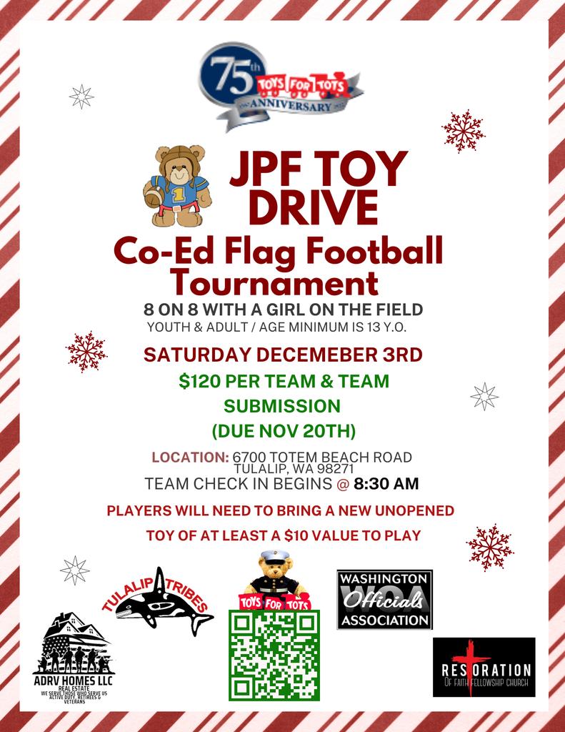 If you love the Seahawks, Football & Donating Toys To Toys For Tots. We have the perfect co-ed flag football tournaments for your team! #Seahawks #FlagFootball #WA #TulalipTribes #ToysForTots #SnohomishCounty #SportsEvents #TulalipWA #MarysvilleWA