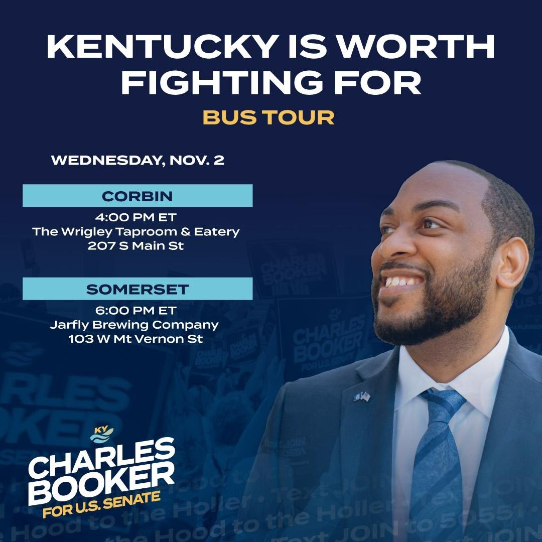Tomorrows Booker Bus Tour stops! We’re nearing the end of the campaign, so let’s show up full force for Charles! We got this Kentucky, thanks to all of you.