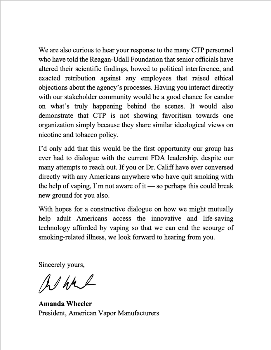 🚨✒️🚨
We have invited <a href="/FDATobacco/">FDA Tobacco</a>'s Brian King to a roundtable on how the agency’s vaping policy is impacting the millions of Americans who use vape products and the many independent businesses dedicated to helping those customers. Here is the letter we sent him.