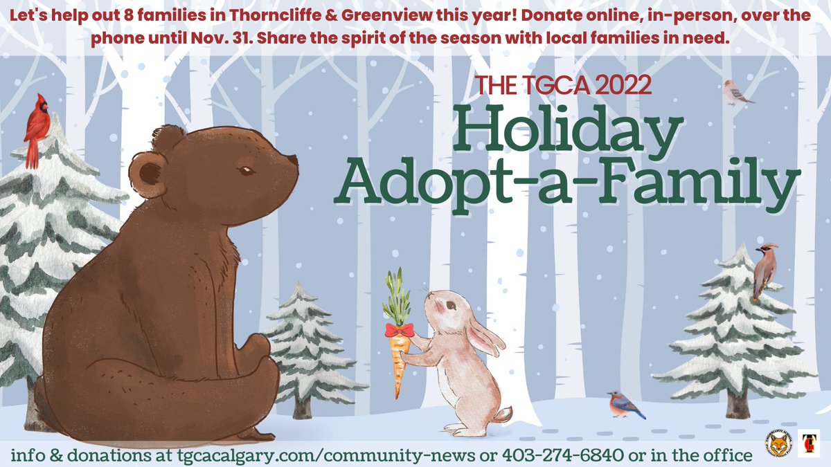In partnership with Thorncliffe School, the TGCA has identified 8 families in the area that need our help this year in the annual Adopt-a-Family fundraising campaign. More info/donations: tgcacalgary.com/the-tgca-2022-… #yyc #supportlocal #community