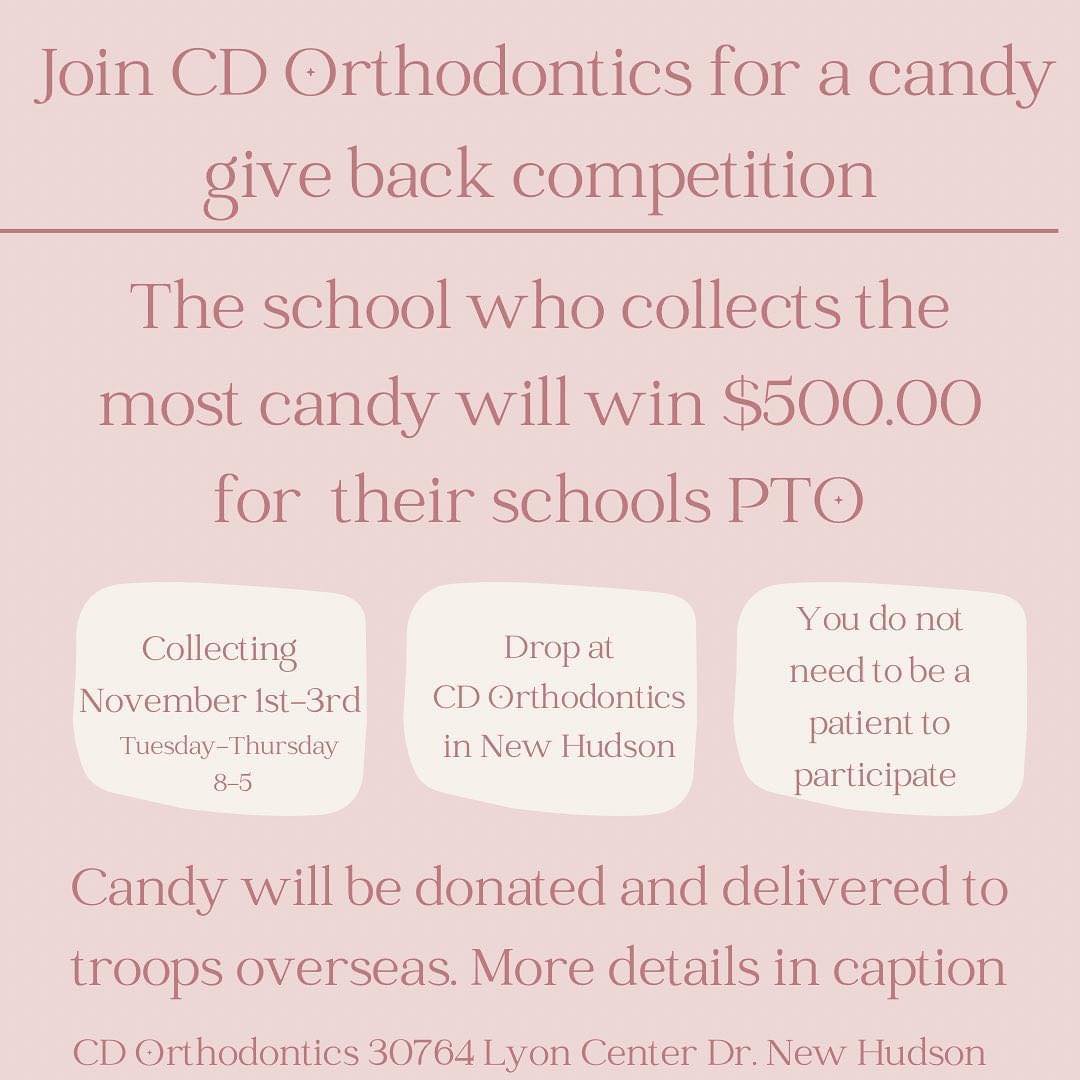 Swimming in candy? Share your candy w/ our Troops overseas! You can drop your candy off at CD Orthodontics in the Brummer bin, or you can drop it at school in the candy bin by the door &amp; we will deliver for you. School donations must be in by 6pm on 11/7 for delivery on the 8th