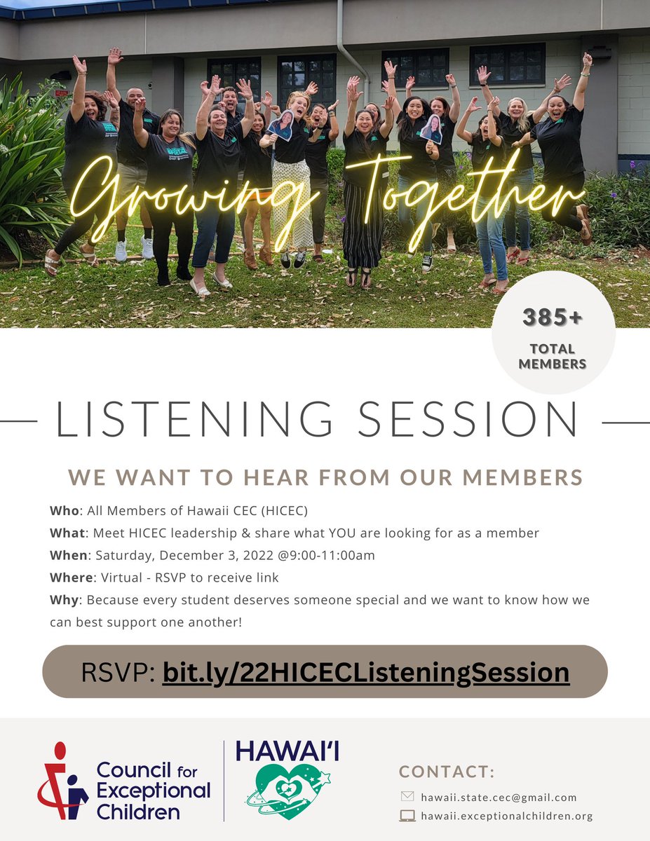 HawaiiCEC (@hawaiicec) on Twitter photo Join us virtually on Sat, Dec 3rd @ 9am so we can hear from you. To join, you must be a member of <a href="/HawaiiCEC/">HawaiiCEC</a>.
We want to hear from you! You talk, we listen.
Not a member yet? Contact us for 50% off membership today! <a href="/Some1Special808/">Some1Special808</a> <a href="/CECMembership/">Council for Exceptional Children</a>
RT & tag a friend! Join us virtually on Sat, Dec 3rd @ 9am so we can hear from you. To join, you must be a member of <a href="/HawaiiCEC/">HawaiiCEC</a>.
We want to hear from you! You talk, we listen.
Not a member yet? Contact us for 50% off membership today! <a href="/Some1Special808/">Some1Special808</a> <a href="/CECMembership/">Council for Exceptional Children</a>
RT & tag a friend!