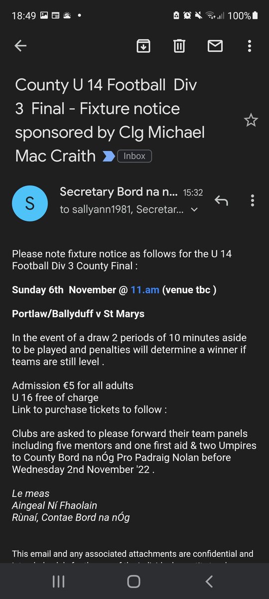 .<a href="/TramoreGAA13/">Tramore GAA</a> sponsored U-14 Div. 3 Co. Football C'ship FINAL is an all-<a href="/EastDeiseGAA/">East Waterford GAA</a> affair on Sunday morning (06/11) @ 11am; St. Mary's Vs. <a href="/PortlawGAAClub/">Portlaw GAA Club</a> / <a href="/BduffLwr/">Ballyduff Lower Gaa</a>, Ionad: TBC 🏐

TICKETS LINK; universe.com/events/bord-na… <a href="/GaaNewtown/">Newtown/Ballydurn Gaa</a> <a href="/BunmahonGAA/">Bunmahon GAA</a> <a href="/KilmacthomasGaa/">Kilmacthomas GAA Club</a> #GAA